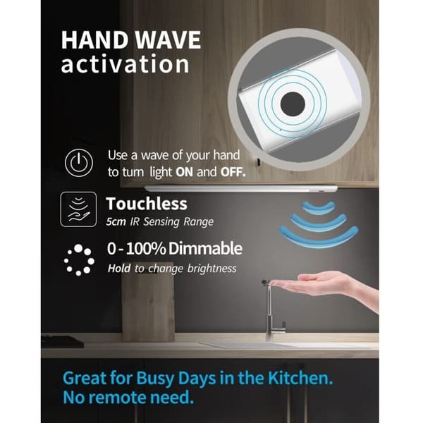 Kitchen cabinet lighting with sensor, 40 cm cabinet lighting 2 in 1 Rechargeable and powered by USB 5V DC LED strip under shelf Wireless battery operated