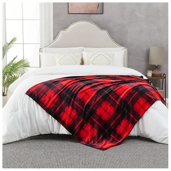 Fleece tæppe til seng eller sofa, ternet flannel tæppe til alle årstider 150 x 200 cm, rød