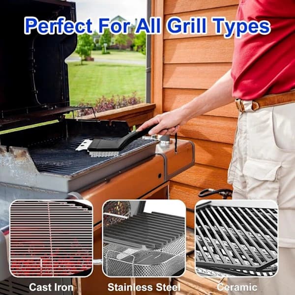3-i-1 grillrensebørstesæt med skraber, BBQ-børste i rustfrit stål til kul- og elgrill, 3-pak, sort