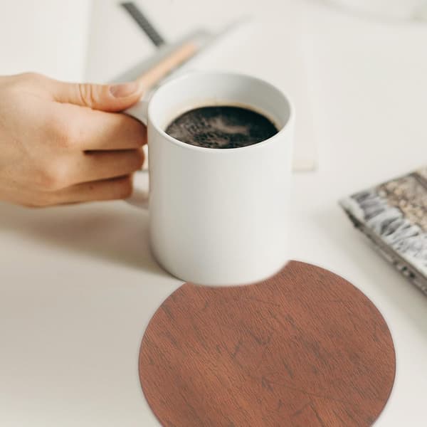 6pcs Brown PU Round Coasters Set Lightweight Non-slip Coasters Creative Appearance