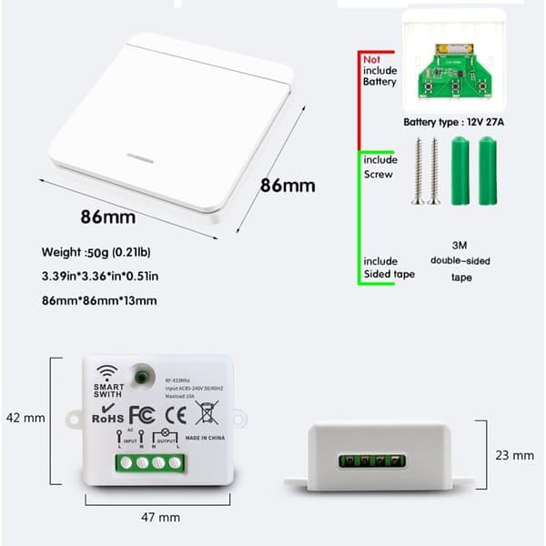 433MHz RF Wireless Lighting Switch - Easy Installation Without Wiring - Range Up to 50m - High Sensitivity -97dBm