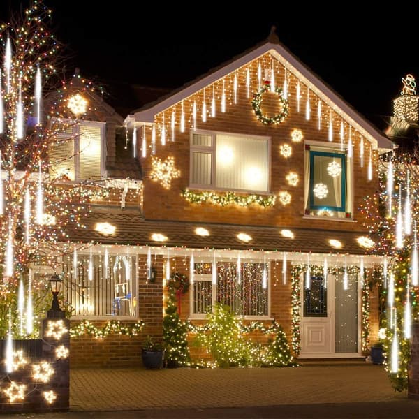 Udendørs julepynt, meteorregnlys LED 8 rør istap julebelysning til juletræ hjemmefest feriehave, hvid White