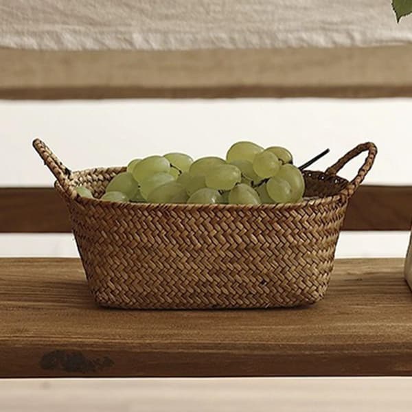 Retro Pastoral Style Storage Basket with Handle, Medium Khaki Seagrass and Iron Home Storage Organizer
