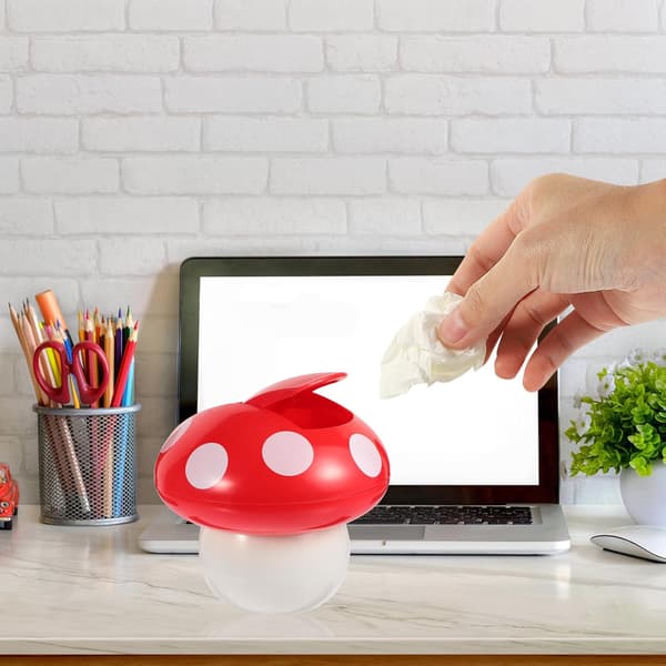 Mini Mushroom Trash Can with Lid, Red and White Desktop Bin for Office and Living Room