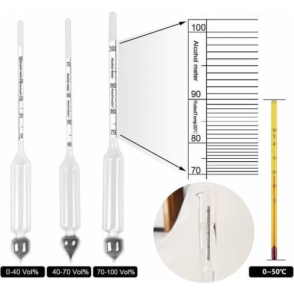 Professional alcohol meter/alcohol scale set with 3 hydrometers (0-100%) and thermometer (0-50°C) for measuring alcohol in spirits