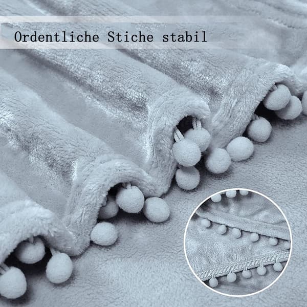 Flanellteppe, pomponger, koselig teppe, sofateppe - fleeceteppe til sofa, hvit