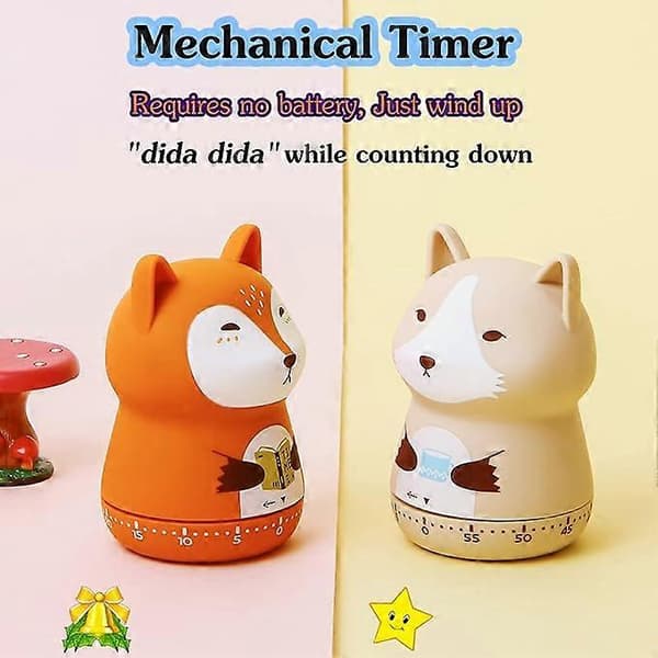 Mechanical Kitchen Timer, Cute Animal Timer for Kids, Wind Up 60 Minute Manual Countdown Timer for Classroom, Home, Study, and Cooking (Orange Fox)