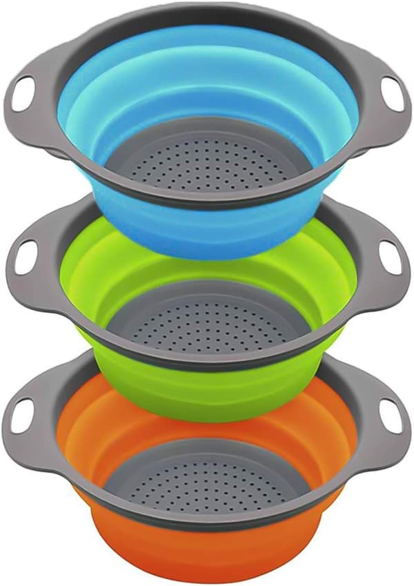 3-piece foldable kitchen colander, collapsible colander basket for pasta, vegetables, fruit (blue, green, orange)