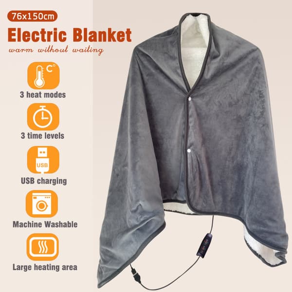 (Grå 76x150cm) USB Elektrisk Oppvarmet Sjal, Flanell Elektrisk Sjal