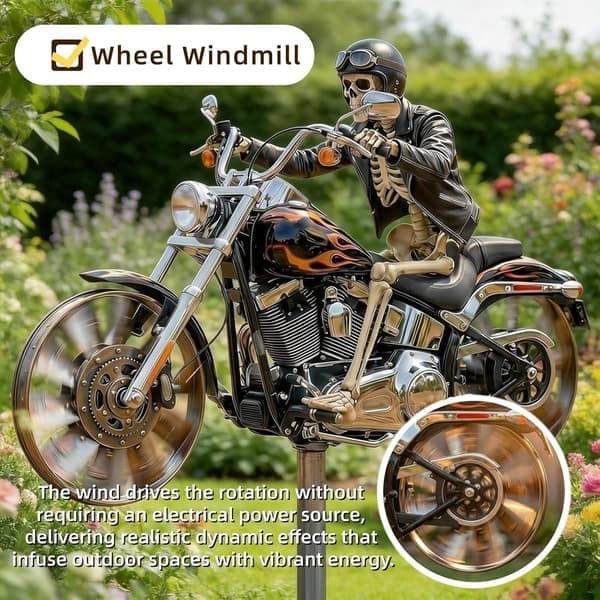 Motorcycle Skeleton Wind Spinner – Biker Skull Windmill with Spinning Wheels for Patio, Garden and Yard – Unique Resin Sculpture – Gift Idea