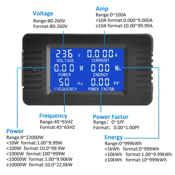 LCD Digital Amperemeter Voltmeter AC 80-260V 100A Effektmåler 6 i 1 Husholdnings El-målerpanel Åben Energimåler CT Effektmåler