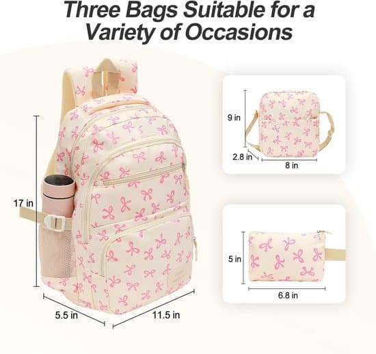 Backpack - Women's Backpack - Bow Backpack - 3-Piece Women's Backpack Set - Large Capacity School Backpack - Shoulder Bag & Crossbody Bag - Nylon Backpack