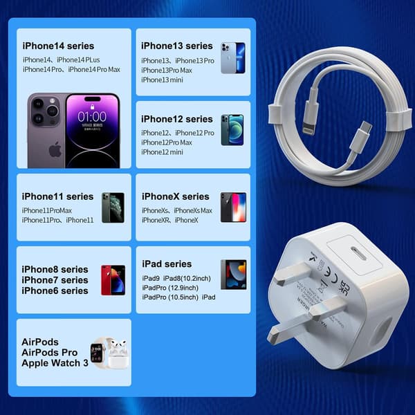 2-pack 20W iPhone Fast Charger USB C Plug and Long Charging Cable 2m for iPhone 14 13 12 11 Pro/Pro Max/Plus/mini/X/XR