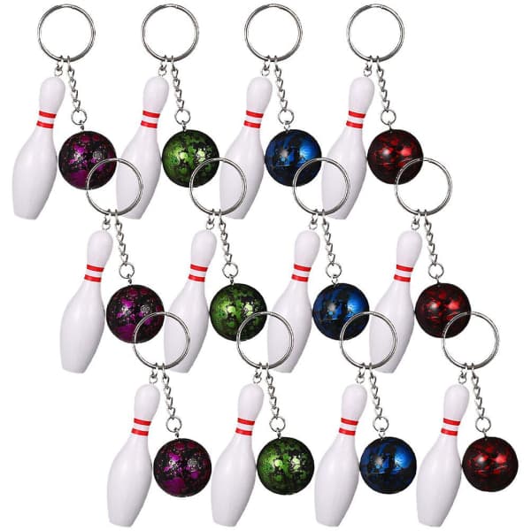 12-pak dekorative bowling-nøgleringe - Farverige mini-nøgleringe til tasker og rygsække (7,5x2,5 cm)