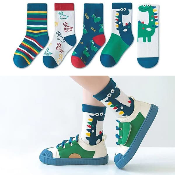 5 Pairs Kids Socks, Mid-Calf Ankle Socks with Cute Cartoon Dinosaur Pattern, Accessories 3-5 Years