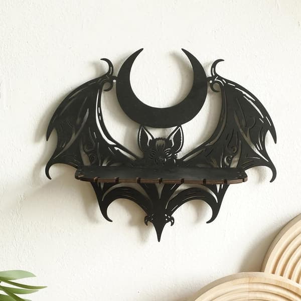Black Wooden Display Shelf - Gothic Bat Shelf for Wall Mounting & Halloween Decoration
