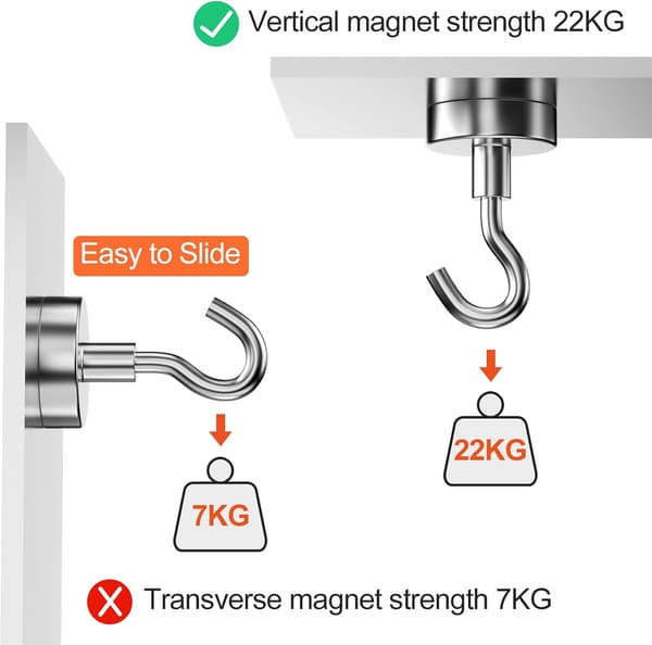 6 Pieces 25MM Magnetic Hook 22KG Pull Force, Removable Powerful Magnetic Hooks, Neodymium Hooks