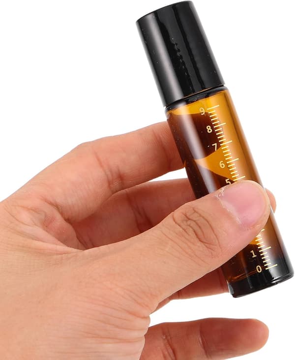 6 st 10 ml bärnstensfärgade glasflaskor med rullkork, läckagesäkra, påfyllningsbara för eteriska oljor och parfym, resevänliga med skala och svart kork
