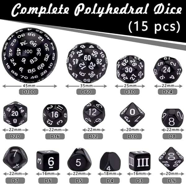 15-sivuinen noppasarja, musta ja valkoinen, Polyhedral Dice Set f(FQ)