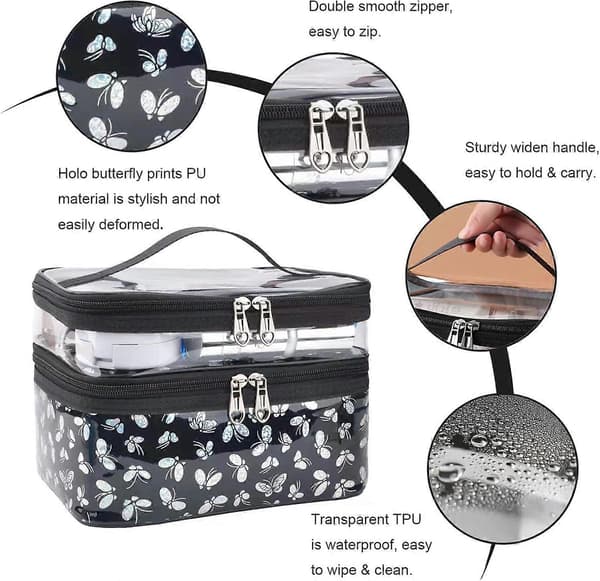 Makeup Bag Double Layer, Portable Travel Cosmetic Bag Makeup Organizer Clear Toiletry Bag