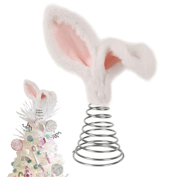 Feather Tree Topper Bunny Ear Tree Topper Plush Rabbit Easter Tree Top with Metal Spiral Base Compatible with Festive Decoration