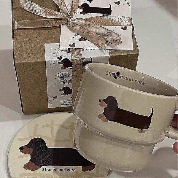 Cute Dachshund Puppy Stacking Mug - Hand-Painted Ceramic Sausage Dog Coffee Cup