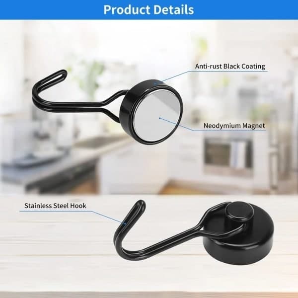 5-pack magnet hooks - Strong neodymium hooks, 30 kg capacity, black, versatile black