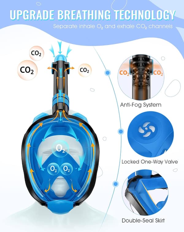 Full Face Snorkel Mask with Latest Dry Top System, Foldable 180 Degree Panoramic View Snorkeling Mask - Blue - L