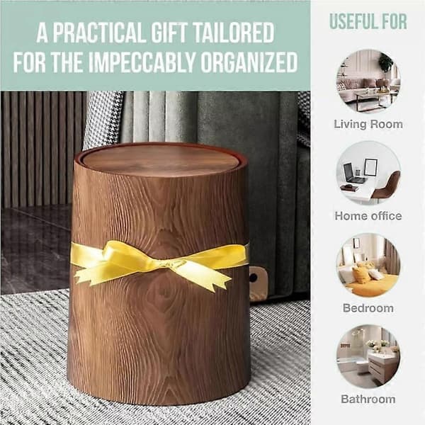 12/15L Waste Bin with Lid - Walnut Brown Wood Patterned Bathroom Bin 12L 12L 12L