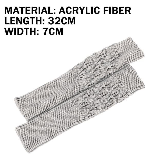 Women's Knitted Jacquard Leaf Pattern Gloves, Warm, Open Finger, Half Finger, Typi, Light Grey, KLB