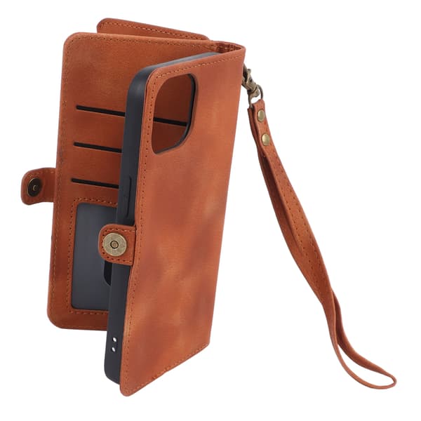 Imitation Leather Phone Case with Wrist Strap, Anti-Fingerprint, Brown, for iPhone, iOS Phone 14