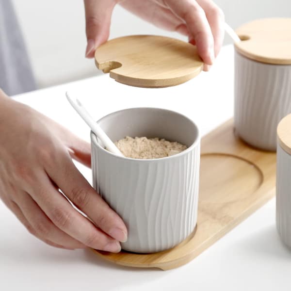Set of 2 Ceramic Spice Jars with Lids and Spoons, for Kitchen and Table, Grey