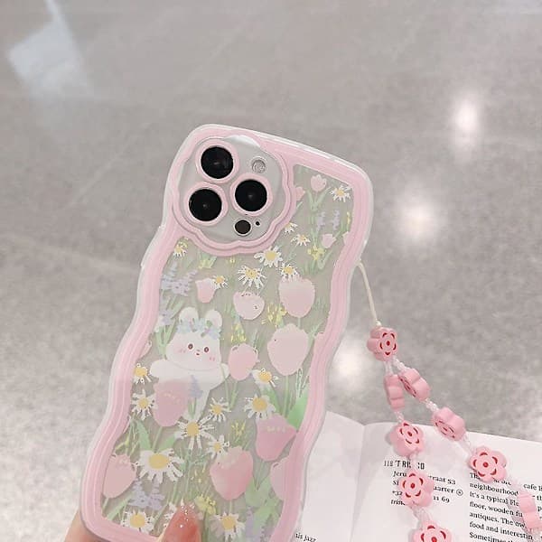 Rabbit Floral Phone Case for iPhone 13 Pro, Transparent TPU Cover with Wrist Strap