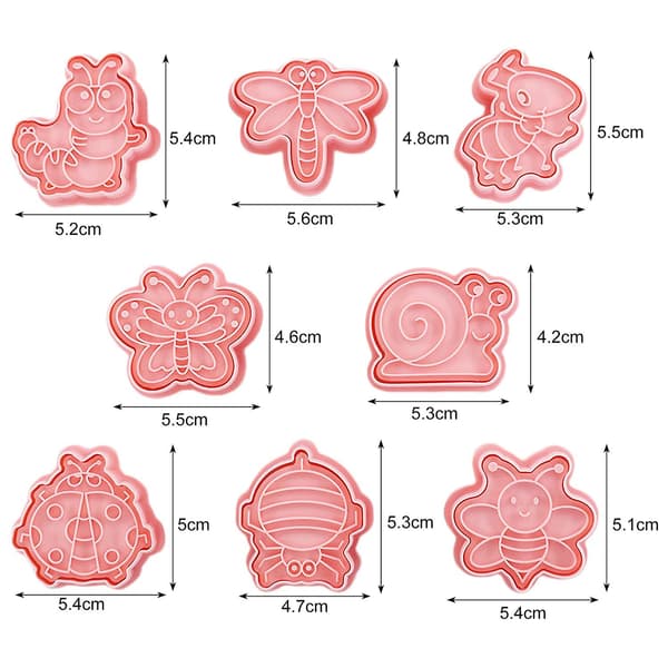 8 Pcs. Cookie Molds in Flexible PP Material with Insect Shape, Quick Release, DIY Baking, Kitchen Utensils