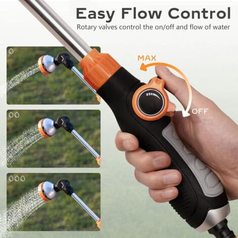 Heavy-duty Metal Spray Lance with 8 Spray Patterns, 47 cm Long Nozzle with Thumb Flow Control and 180° Adjustable Spray Angle.