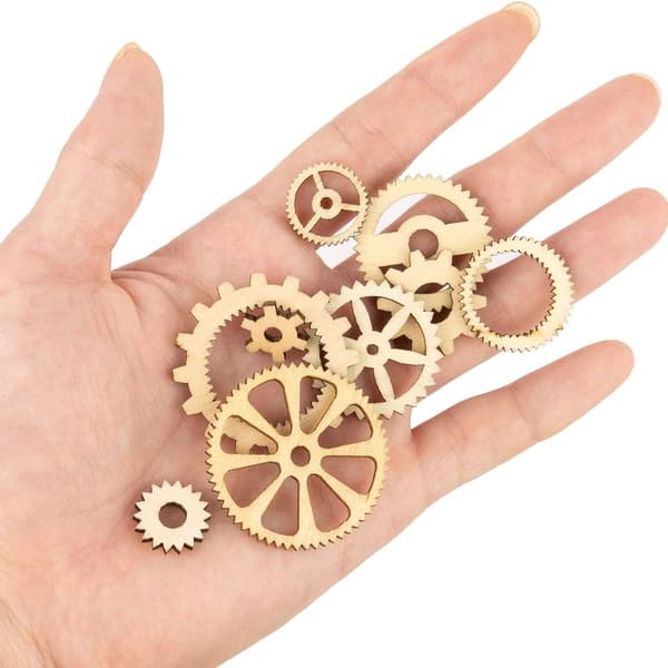 Paketti, jossa 100 onttoa puulevyä, riipus, puuvaihteet, steampunk KLB