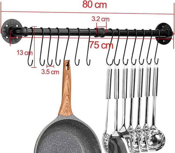 Industrial Kitchen Bar, 80cm Wall Mounted Pot Rack for Kitchen, Iron Pot Rack with 14 Hooks for Utensils, Pans