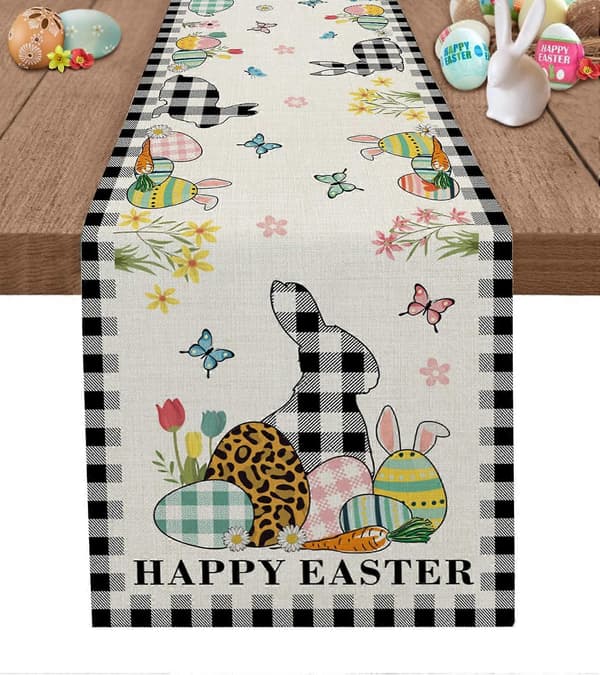 Plaid Bunny Easter Egg Table Runner 13 x 72 inch for Easter Decoration Home Kitchen Dining (FMY)