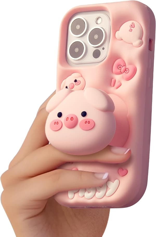 Kawaii 3D Grå Gris Mobilskal med Ställ och Grepp för iPhone 16 Pro Max, Sött Tecknat Djur Mobilskal för Tjejer, Killar, Barn, Tonåringar och Kvinnor Rosa