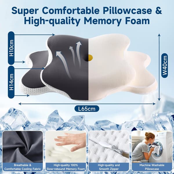 Ergonomisk Cervical Memory Foam Pute for Side-, Rygg- og Magesovere, 65 * 40 * 14/10cm