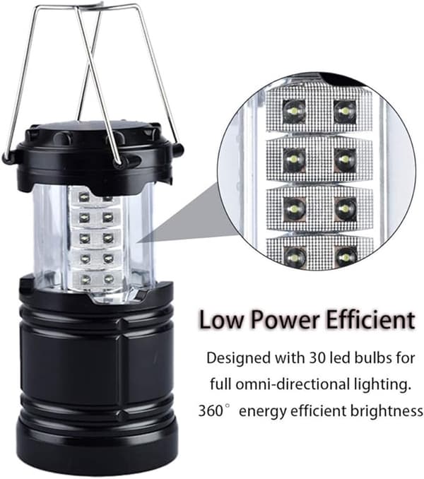 LED Camping Lantern, Foldable Solar and Battery Powered 30 LED Emergency Tent Lamp for Outdoor Camping Hiking, Black
