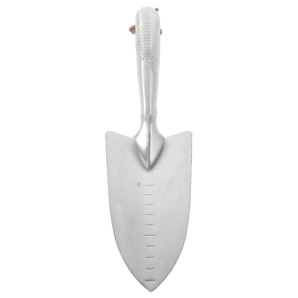 Bærbar miniatyrgradert spade i sølvfarget rustfritt stål, ideell for hagearbeid og camping.