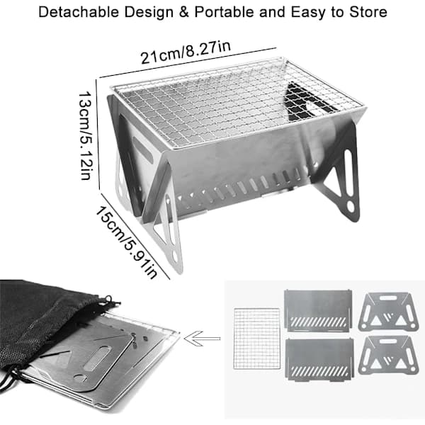 Bærbar kulgrill, sammenklappelig mini grill i rustfrit stål med bæretaske til camping, terrasse, baghave, sølv 21 x 15 x 13 cm