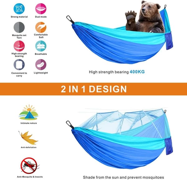 Hammock with Mosquito Net, Blue Double Camping Hammock, Mosquito