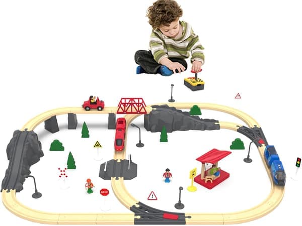 Motorized Train for Wooden Train Tracks Remote Control Train with Magnetic Connection for Toddlers Compatible with Thomas Brio Red