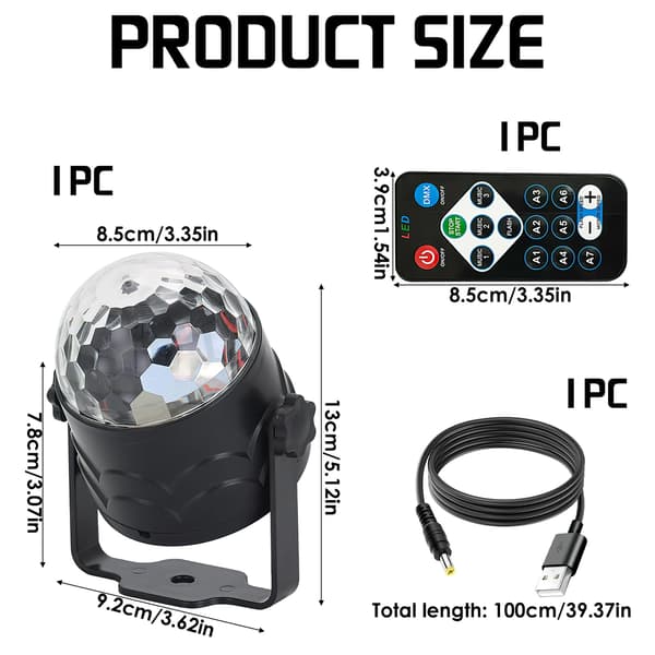 Disco Ball Light, 360° Rotating Sound Activated Party Glitter Balls with Remote Control Detachable DJ Light Stand, Portable USB Charging