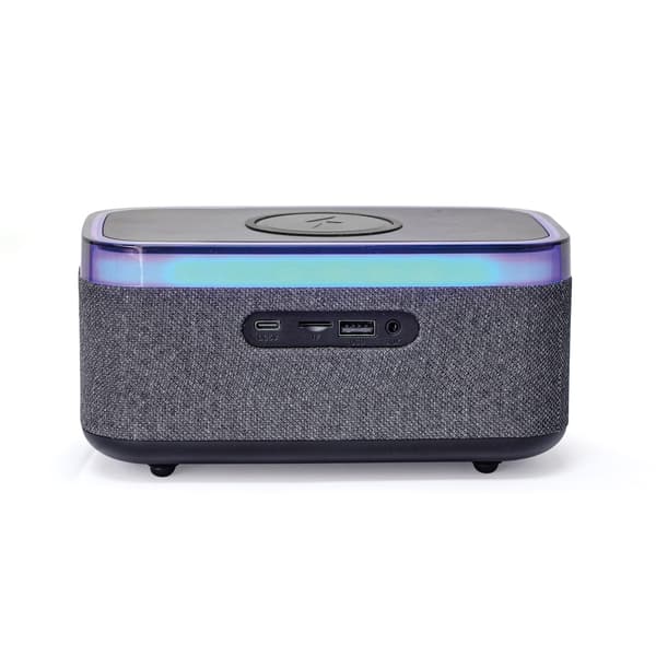 Digital alarm clock with speaker, wireless charging and RGB lighting