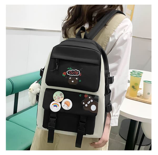 Five-Piece School Bag Large Capacity Shoulder Bag Includes Bear Pendant-558 Black