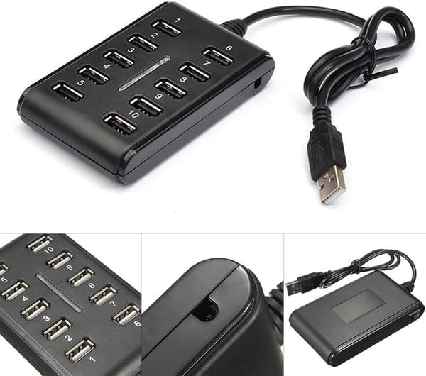 10-ports HUB - Slank højhastigheds USB 2.0 Multi-udvidelse - Plug and Play Kompatibel med PC Windows og Mac-computere - SORT
