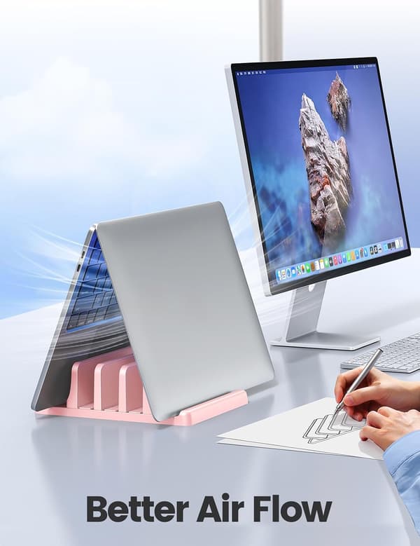 1 pc Vertical Laptop Stand 3 Slots, Laptop Holder for Desk with Adjustable Width, Office Desk Tablet Stand Space-Saving - Pink